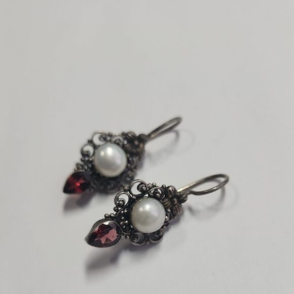 No Brand Jewelry - Sterling Silver Garnet Pearl French Hook Earrings 925